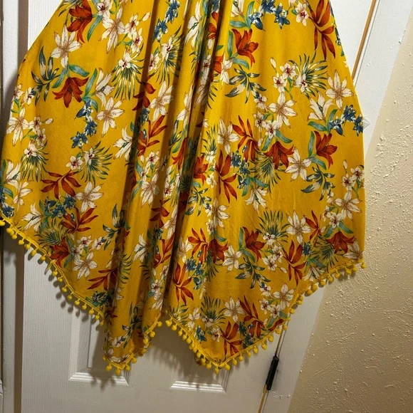 Goa Beachwear Japna Sz Large Tropical Floral Cover Up Dress Pom Pom Hem Yellow - Picture 10 of 12